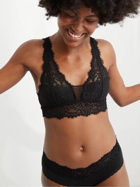 Aerie Eyelash Lace Plunge Bralette Black SIZE S
